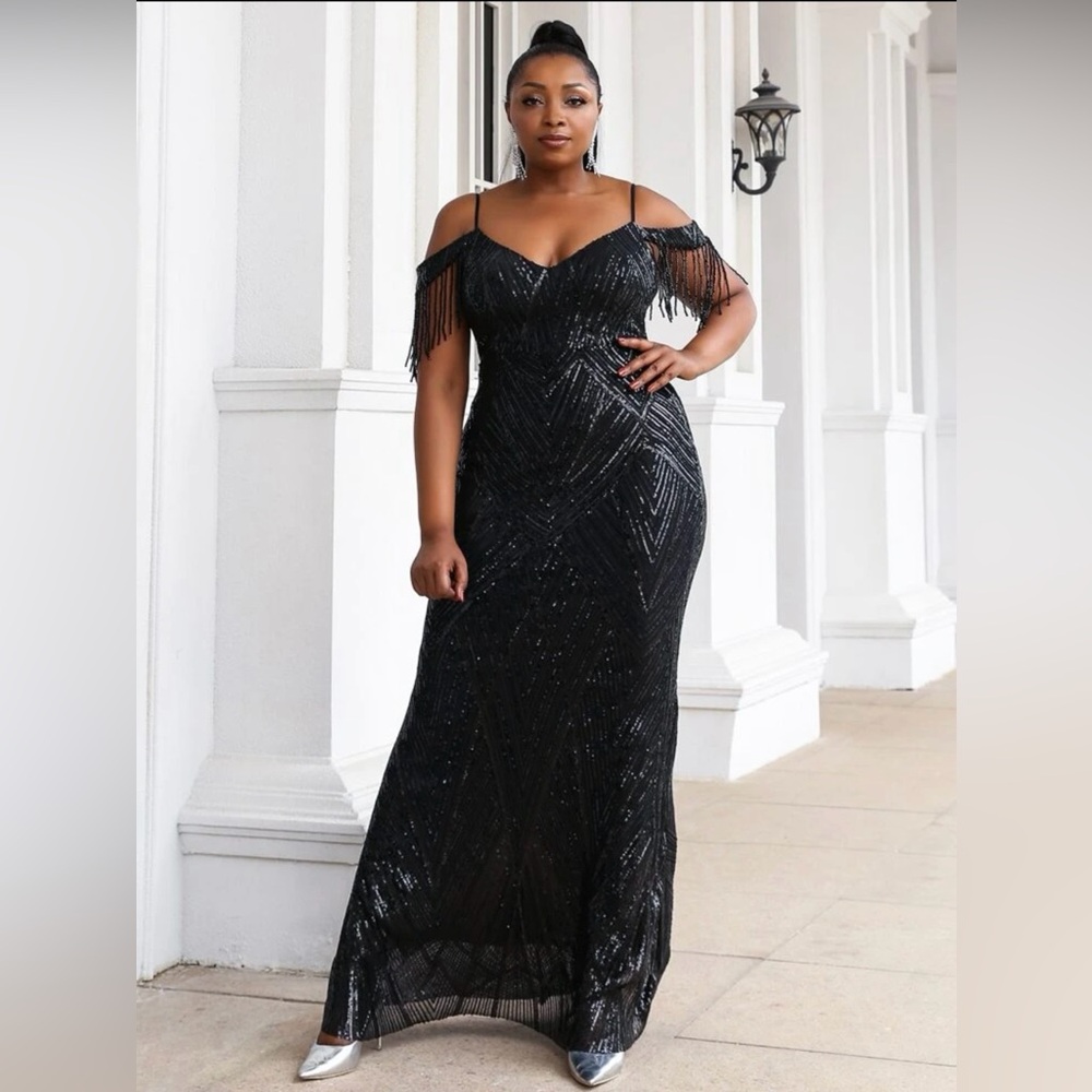 Long Black Sequin Dress with Beaded Fringe Sleeve Detail